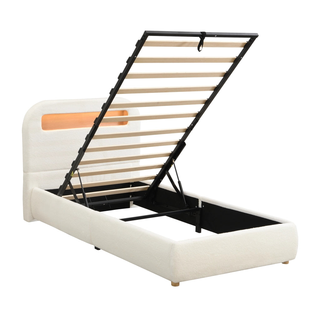 Letto imbottito con contenitore e LED in bouclé bianco