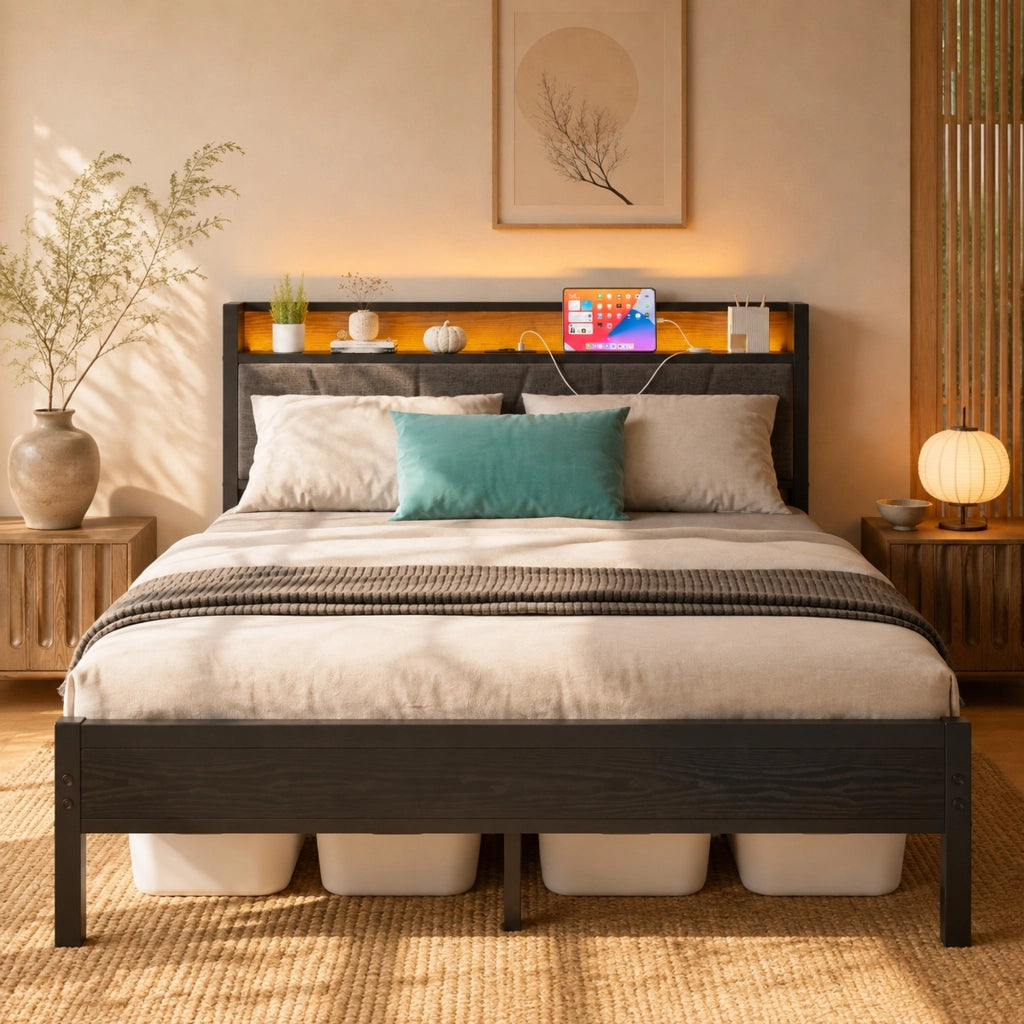 Struttura letto 140x200 cm in metallo con testiera contenitore, LED, USB e presa, nero