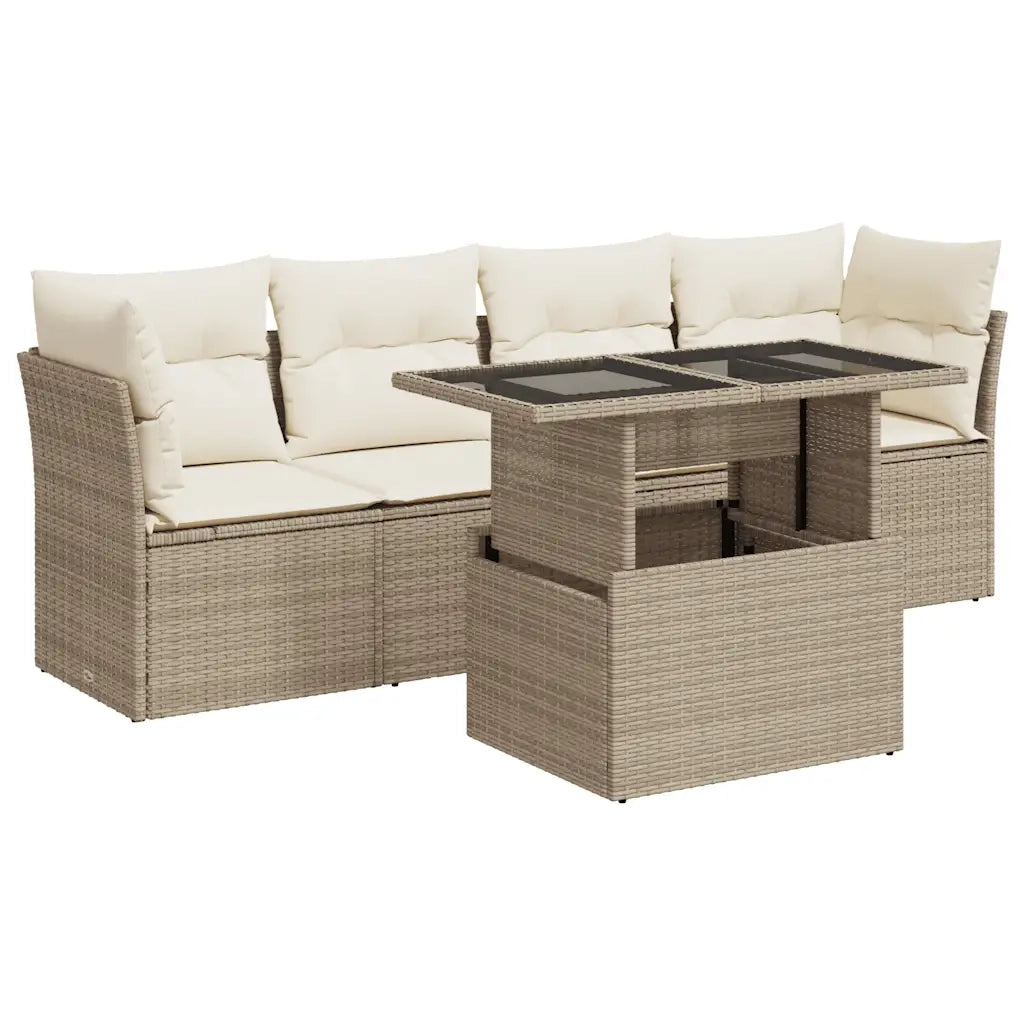 Set Divano da Giardino 5 pz con Cuscini Beige in Polyrattan