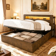 Letto contenitore 180x200 in legno con LED, prese integrate e testiera con vani