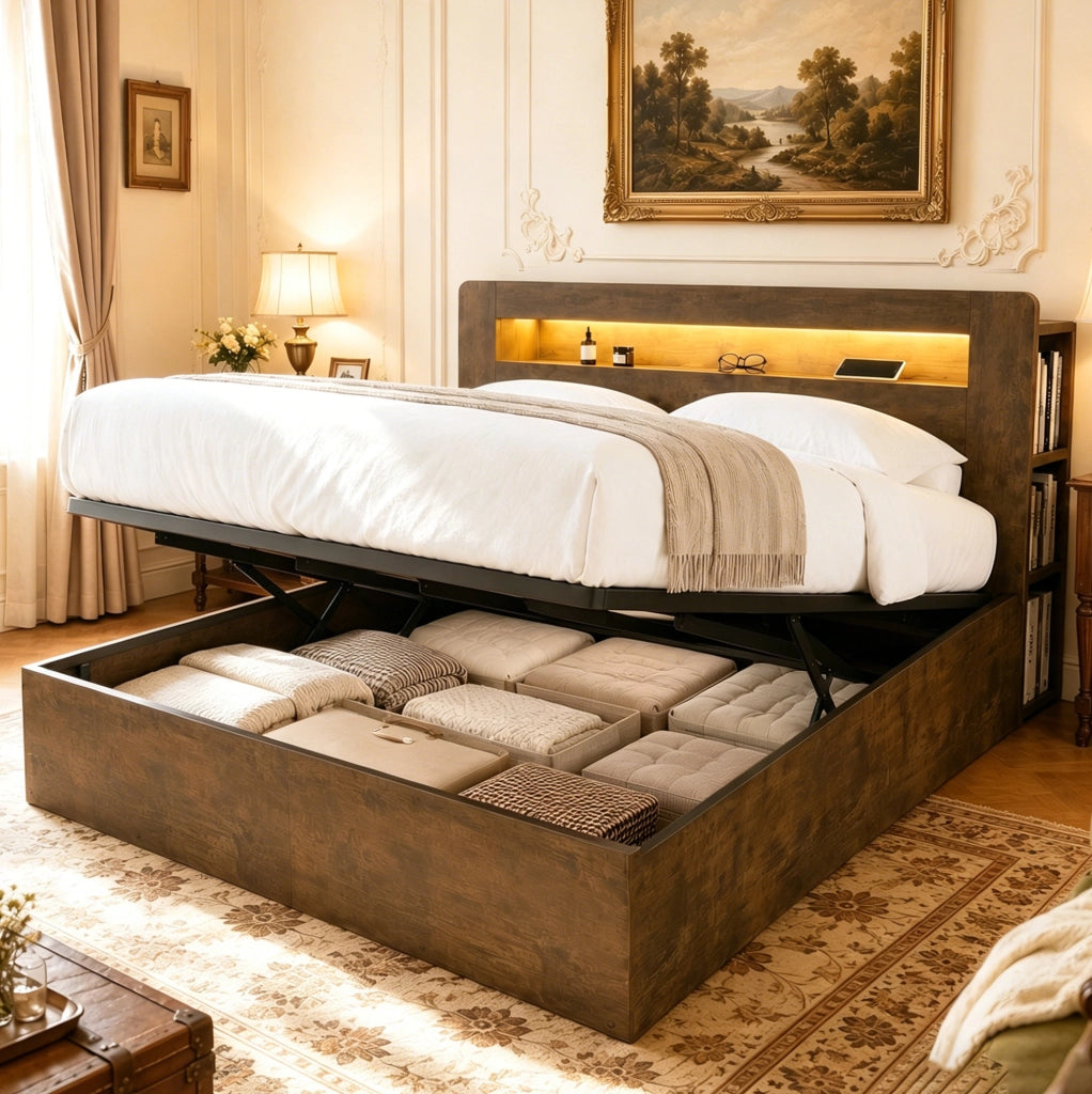 Letto contenitore 180x200 in legno con LED, prese integrate e testiera con vani