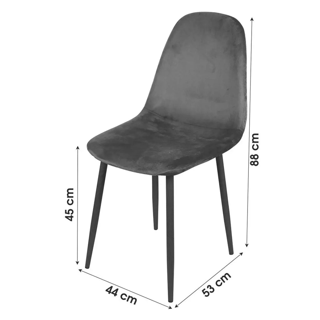 Set di 4 sedie LOLY, seduta e schienale in velluto grigio, struttura in metallo nero.