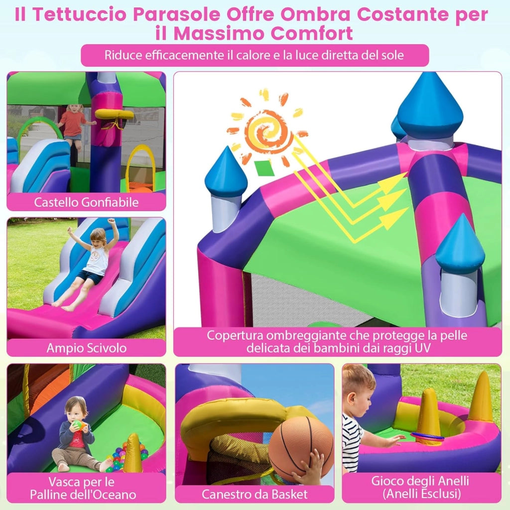 Castello Gonfiabile con Tettuccio, Casa Gonfiabile con Scivolo, Trampolino e Canestro da Basket, per 2 Bambini di 3-10 Anni, 385 x 332,5 x 300 cm