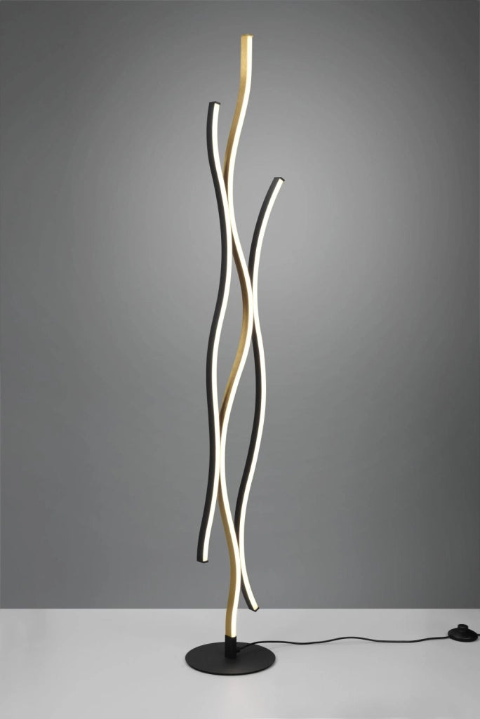 BLAZE PIANTANA LED  28W 3250lm, 2300+3000+4000K ONDULATA METALLO OTTONE E NERO DIMMERABILE CON INTERRUTTORE H. 138CM