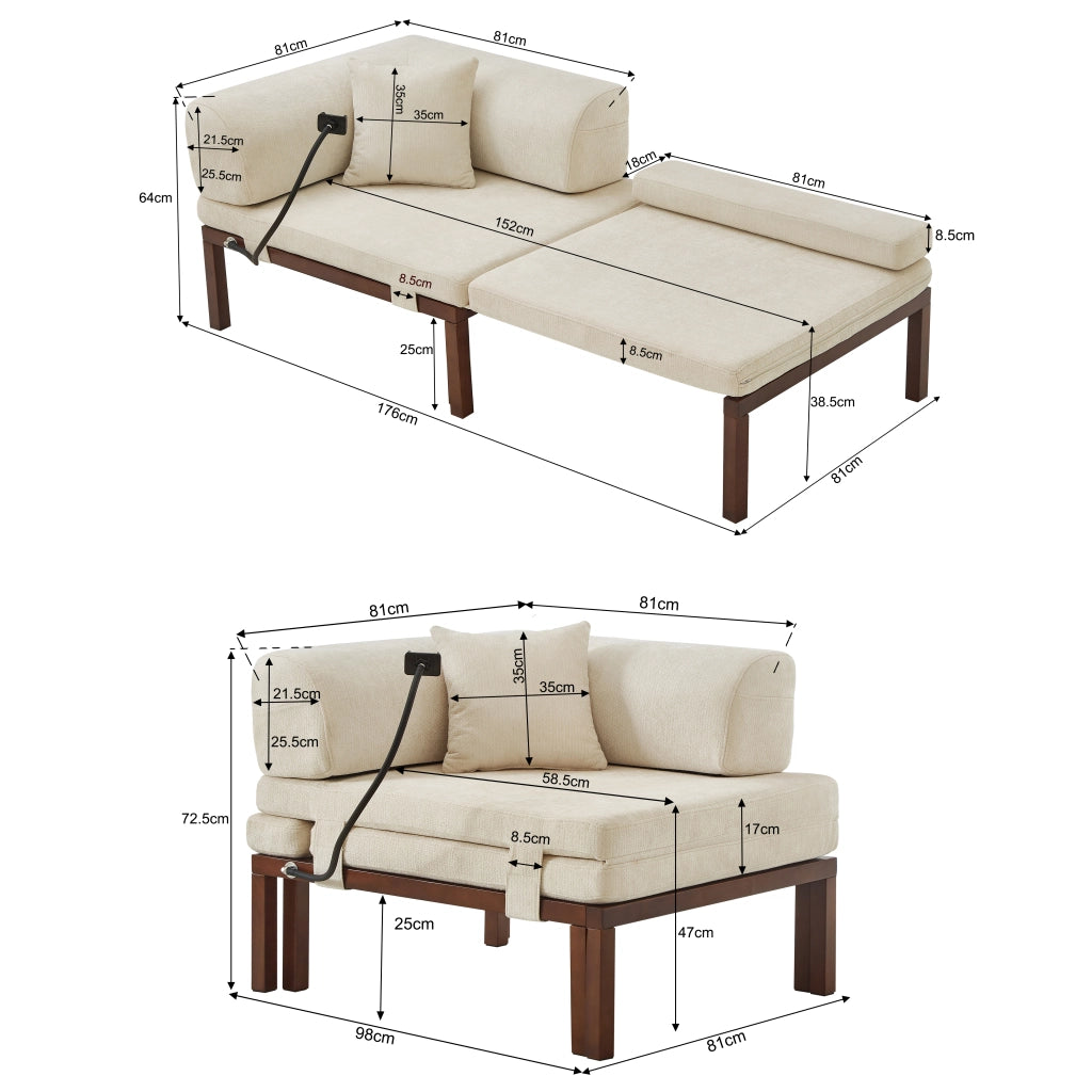 Divano letto pieghevole in legno massello con letto estraibile singolo, beige