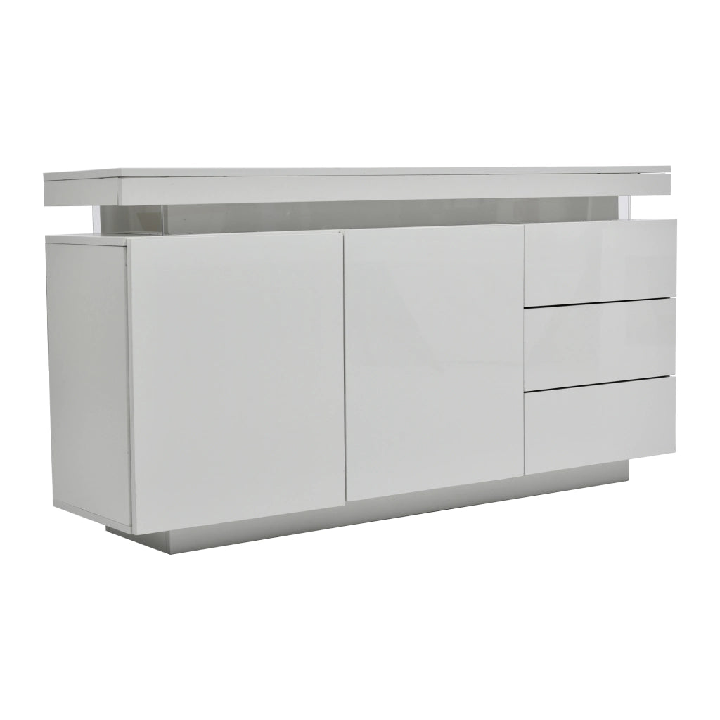 Cassettiera Moderna con LED e Ante ¨C MINIMAL ¨C Bianco Lucido, 3 Cassetti, 140x35x72.5cm