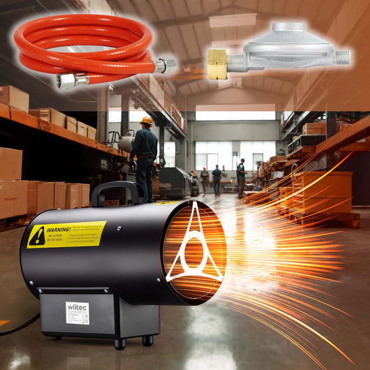 Generatore di calore a gas GPL, 15 kW 30 W 320m³/ora, cannone aria calda con avviamento piezoelettrico, incluso riduttore di pressione del gas per l'Italia 700 mbar con tubo da 1,5 m