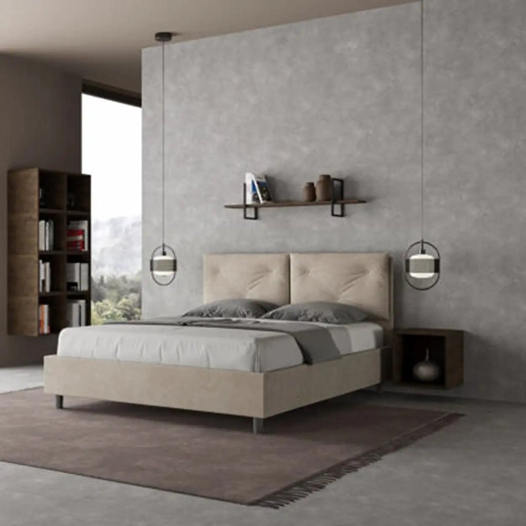 Letto matrimoniale con rete imbottito 160x200 microfibra sabbia Appia