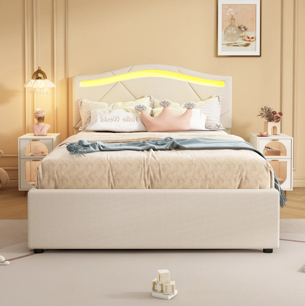 Letto 90x200 cm con LED; 2 cassetti e testiera regolabile in lino