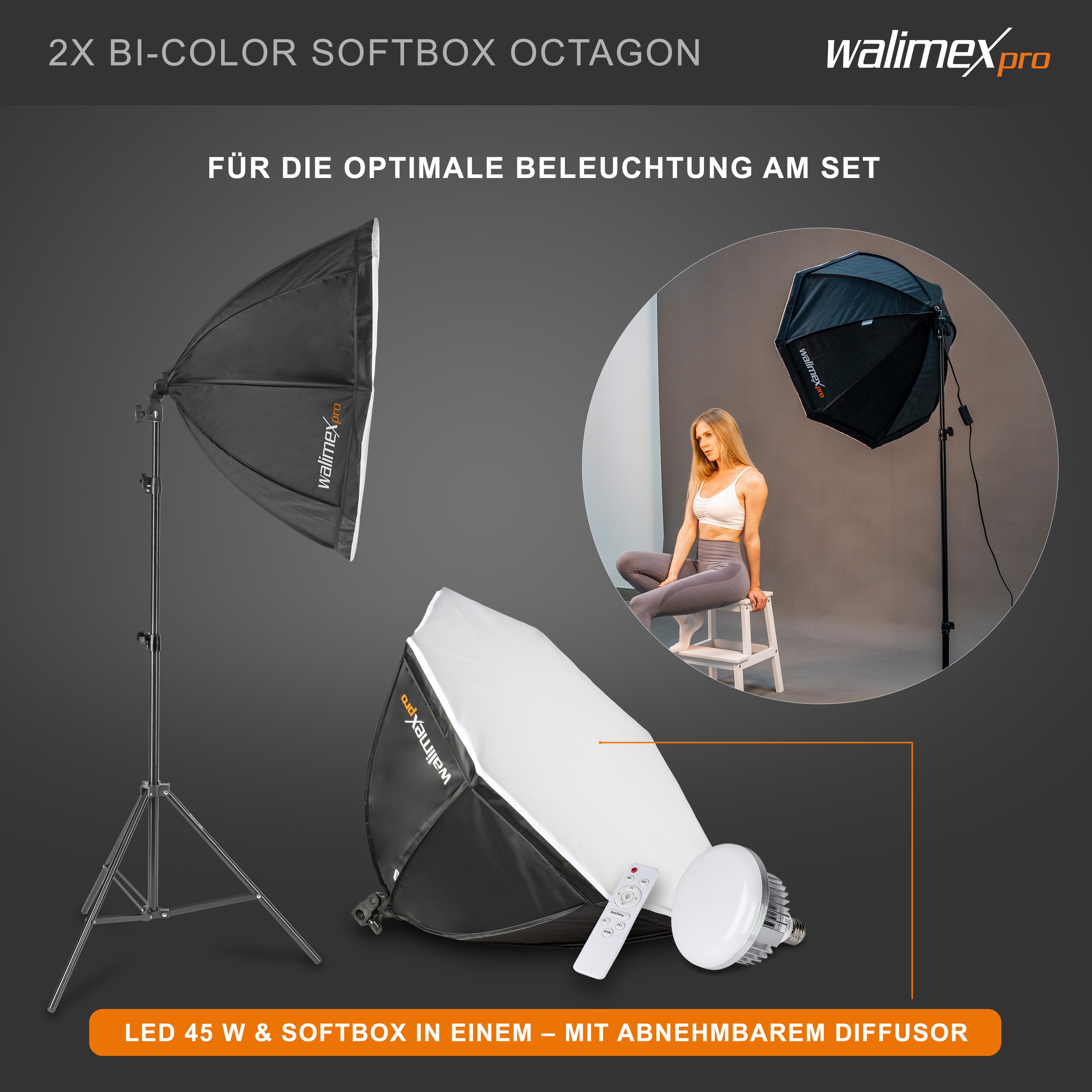 Walimex Pro set fotografico premium con 2x treppiede con 2x LED 45W Octagon Ø65cm Bi Colour e sistema completo di sfondo telescopico 120-307 cm con sfondo in tessuto bianco