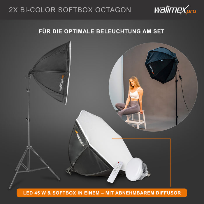 Walimex Pro set fotografico premium con 2x treppiede con 2x LED 45W Octagon Ø65cm Bi Colour e sistema completo di sfondo telescopico 120-307 cm con sfondo in tessuto bianco