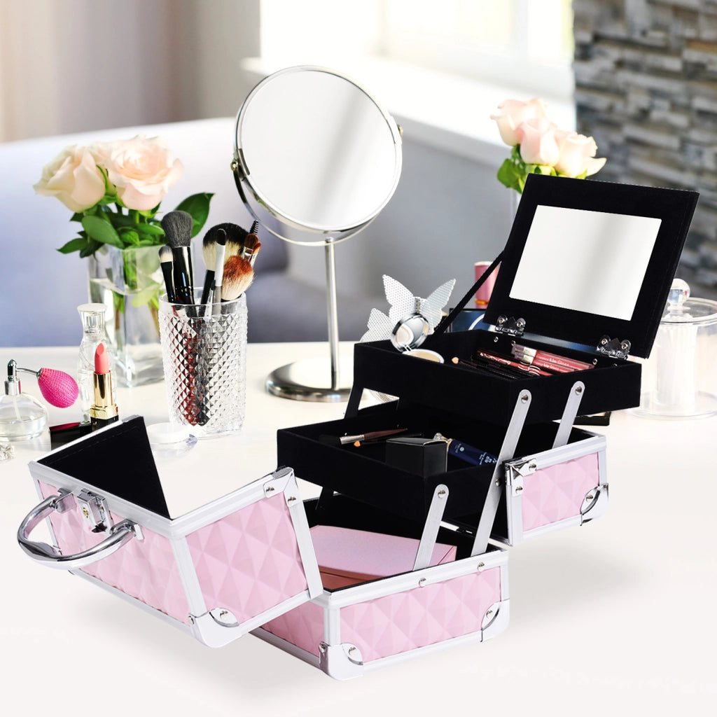 Mallette trucco 3 livelli con specchio e serratura ¨C zephmum ¨C rosa 20x15x15 cm