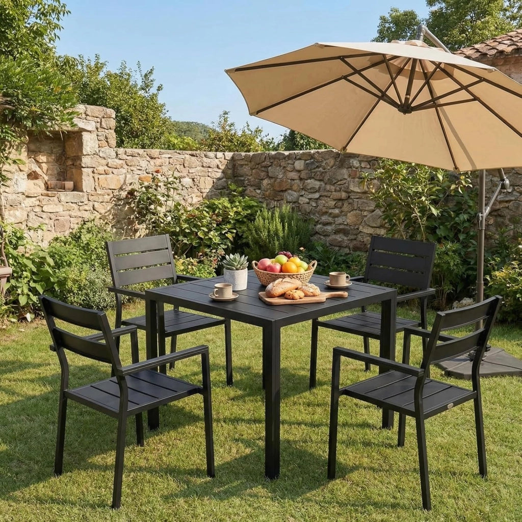 Tavolo da giardino in Alluminio, 75x75 cm Quadrato Tavolo da Esterno in Metallo per Balcone Terrazze, Inossidabile, Resistente Alle Intemperie, Facile da montare, Nero, Ampio Pannello 11 cm