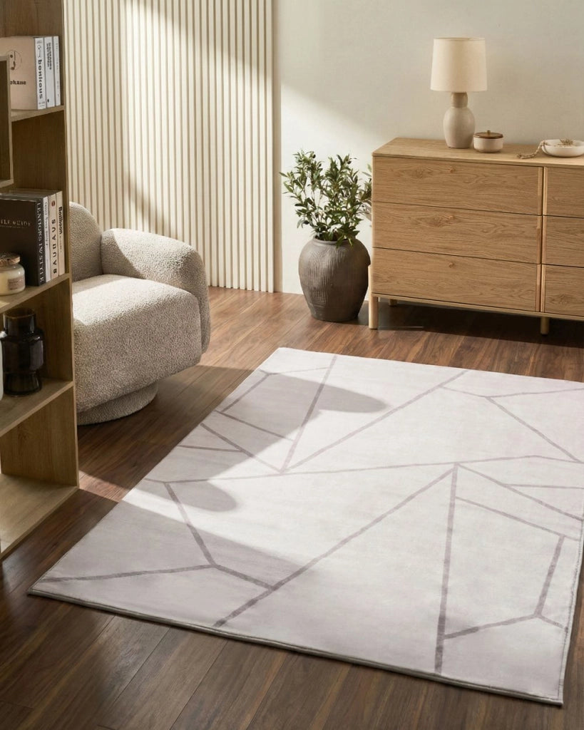 Tappeto beige chiaro in tessuto 140 x 200 cm Motivo geometrico moderno Soggiorno Camera da letto Per riscaldamento a pavimento Fondo antiscivolo