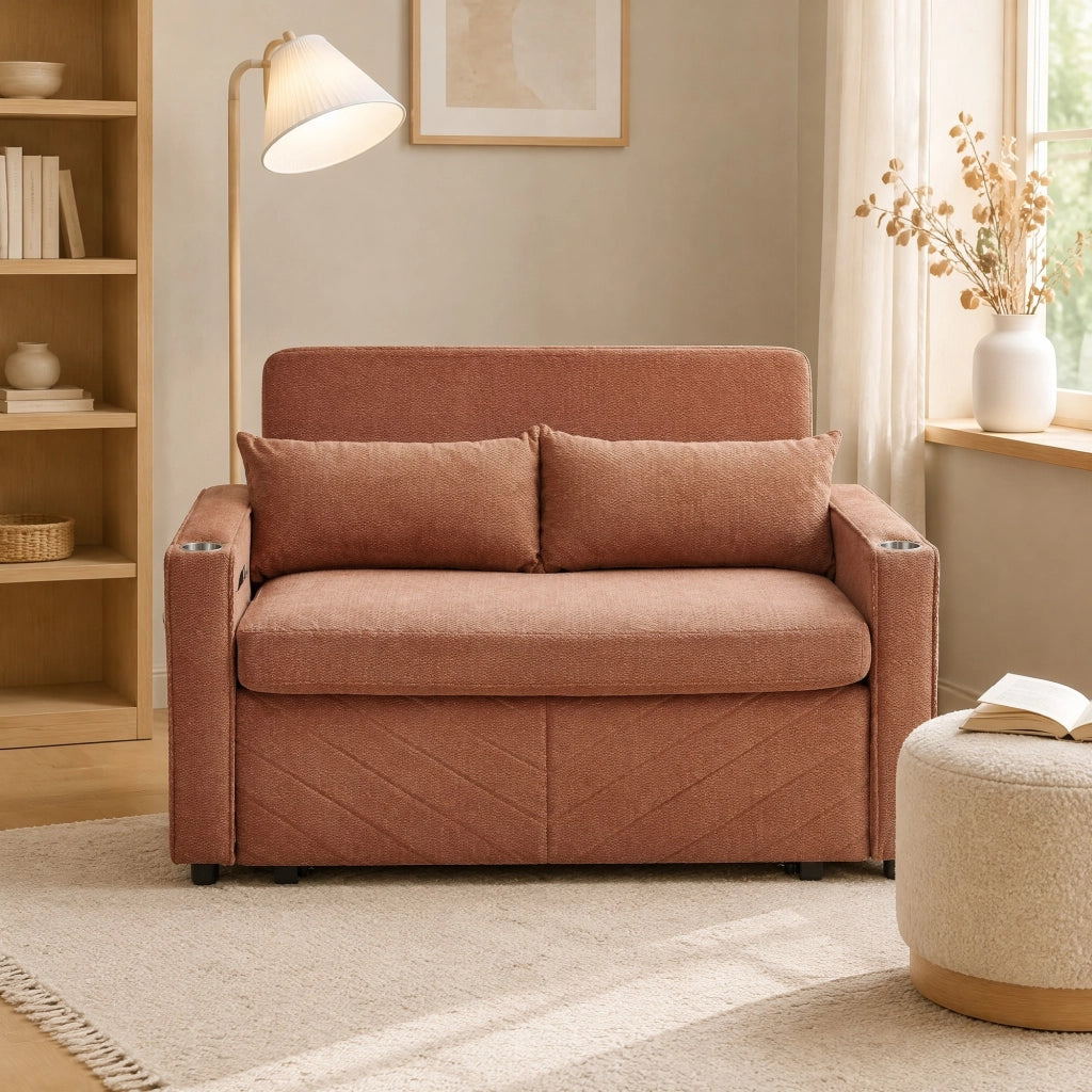 Divano letto trasformabile a scorrimento con USB; 195x134x73 cm; legno e tessuto arancione