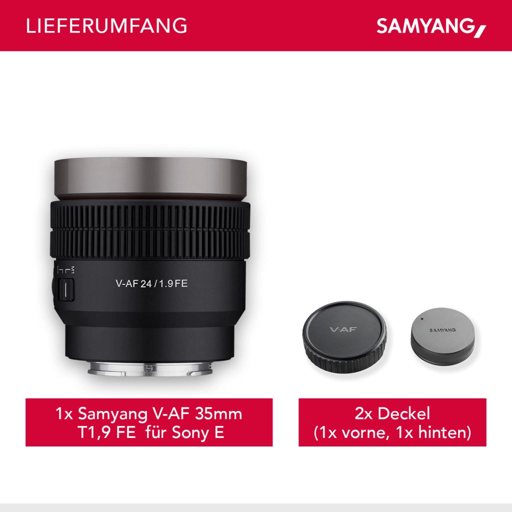 Obiettivo video V-AF 24 mm T1,9 FE compatibile con Sony E, per videocamera, con autofocus risoluzione 8K e Tally lamp, alta intensità luminosa per full-frame e APS-C