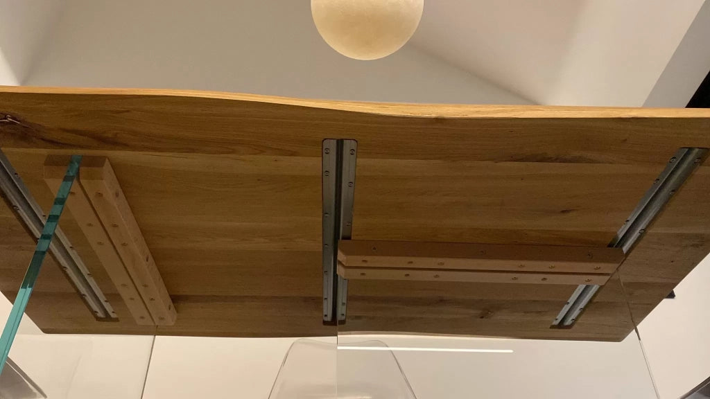 Tavolo fisso in legno rovere massello 250x100  spessore 4 cm e gambe in vetro (811) - Mobili 2G
