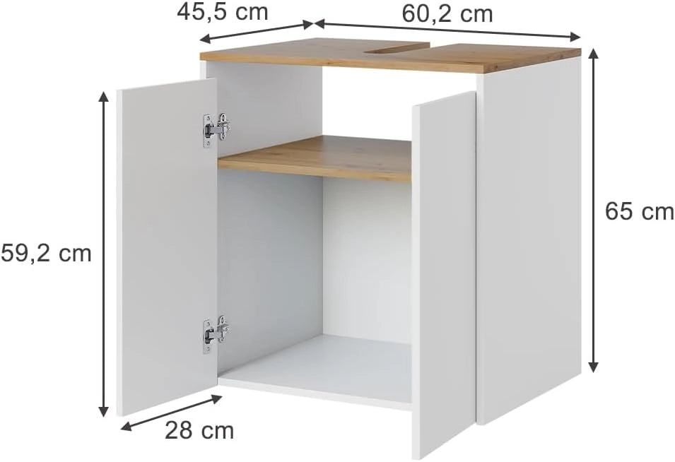 Mobile sottolavabo per bagno Viktor, Bianco/Artisan, 60.2 x 65 cm, con foro per sifone e ripiano interno regolabile in altezza