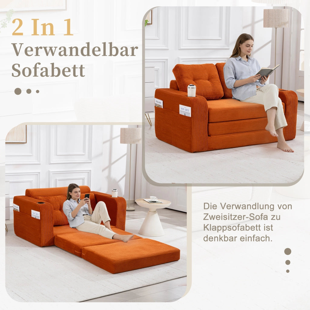 divano modulare 2 posti convertibile con portabicchieri e tasche laterali in velluto a coste arancione 136 Ã— 80 Ã— 82.5 cm