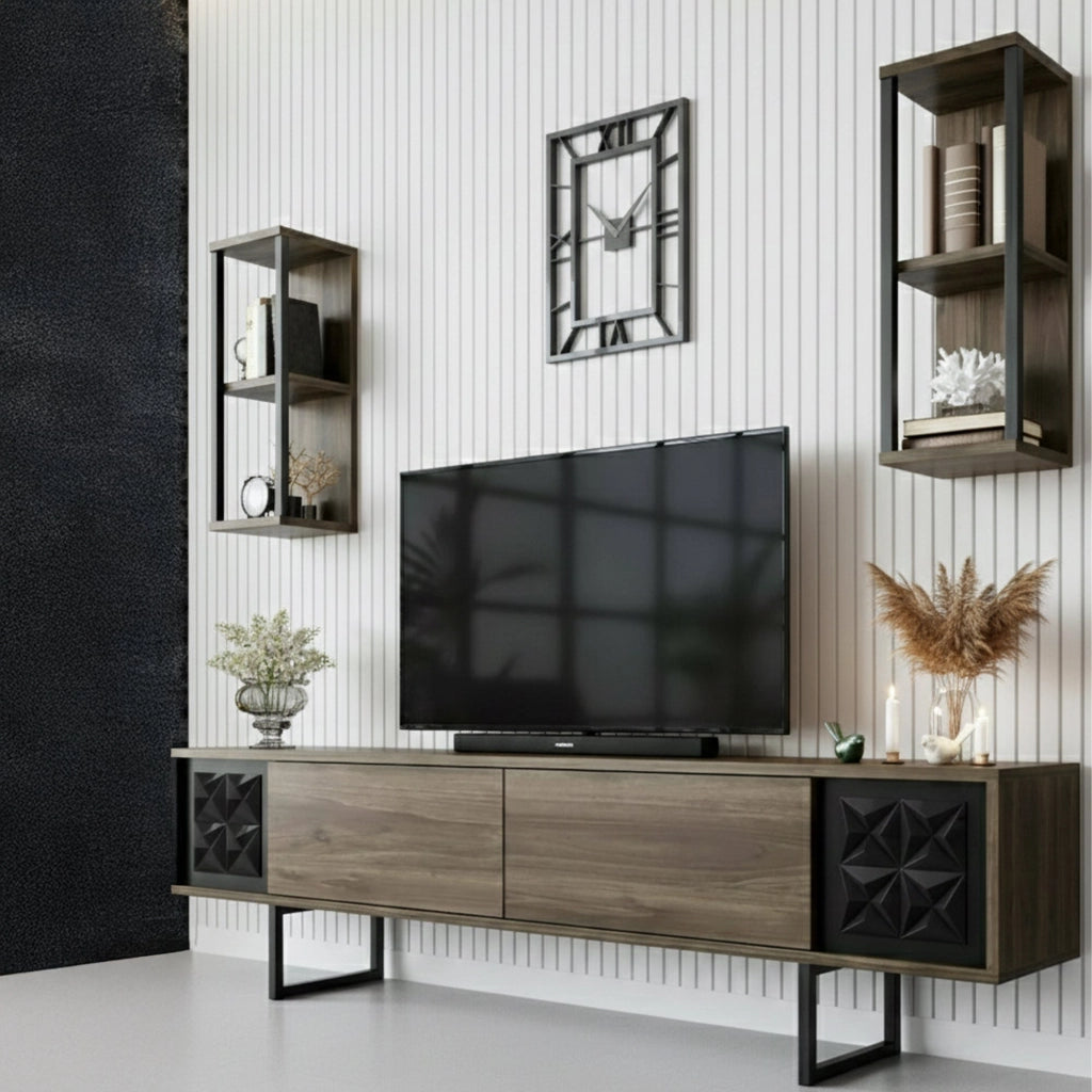 Mobile porta TV Axa, Credenza da soggiorno, Armadio basso per TV, Base parete attrezzata, 180x30h48 cm, Noce e Nero