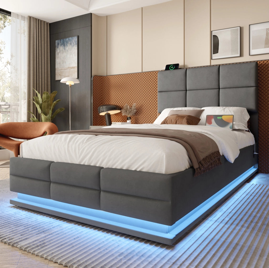 Letto 90x200 cm con testiera regolabile; LED; USB e contenitore in velluto grigio scuro