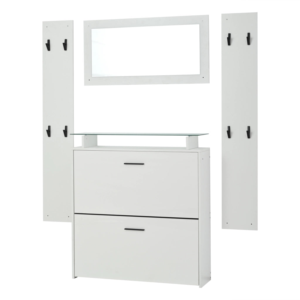 Set Guardaroba Ingresso 4 Pezzi Bianco 89;5×23×96;5 cm con Specchio; Scarpiera Lucida e 8 Ganci