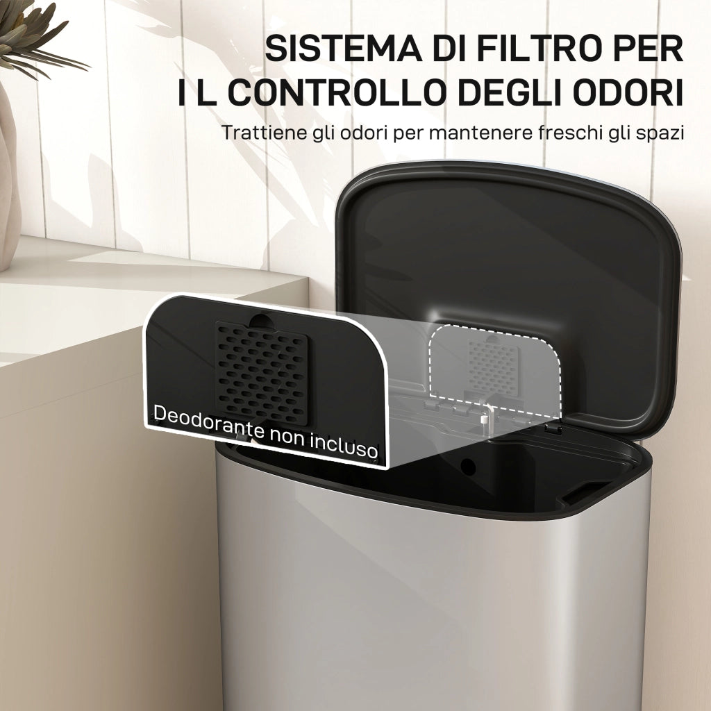 Pattumiera a Pedale da 50L con Coperchio Ammortizzato e Secchio Rimovibile in Acciaio Inox Grigio