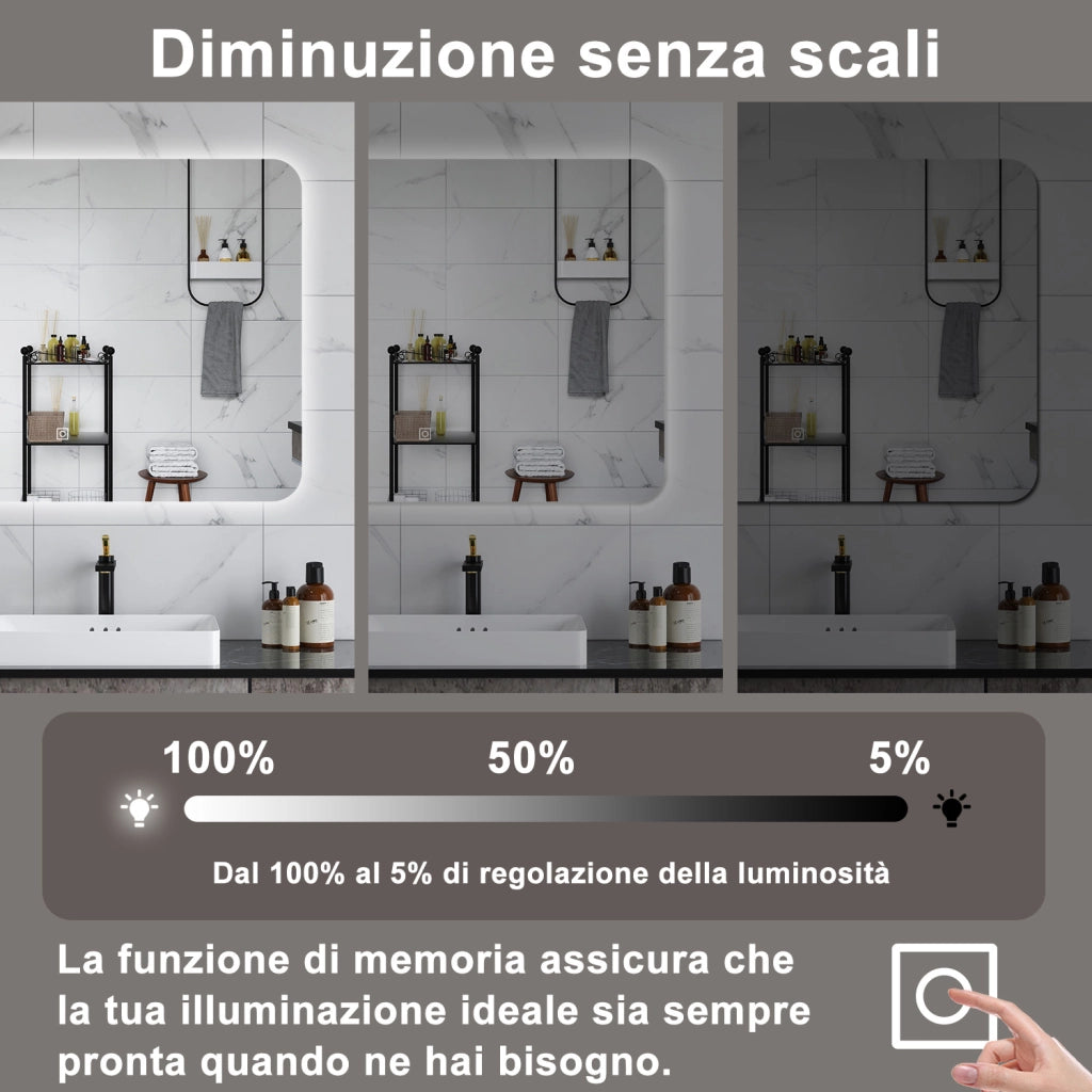 AICA Specchio da bagno 50 x 70 cm, dimmerabile, interruttore touch, Funzione Memoria