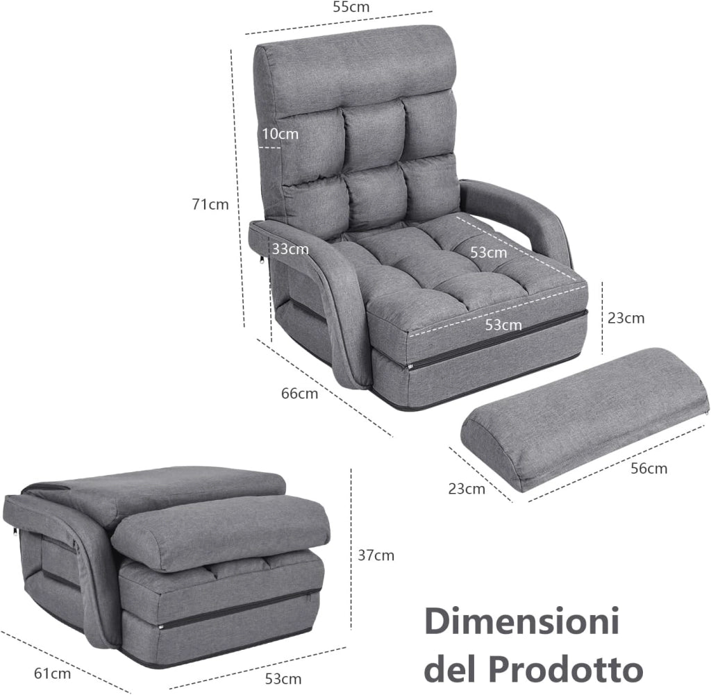Poltrona Divano con 5 Livelli Regolabili, Sedia da Terra con Braccioli e Cuscino, Struttura in Acciaio, Multifunzione e Pieghevole per Soggiorno Camera da Letto, 55x66x71 cm (Grigio)