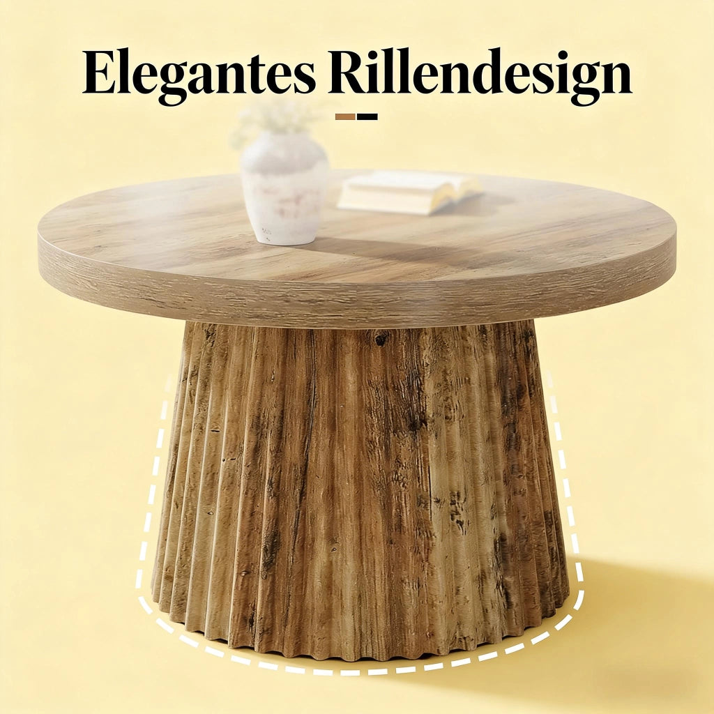 Tavolino basso rotondo con base a colonna scanalata in MDF marrone, piano da 80 cm, per soggiorno
