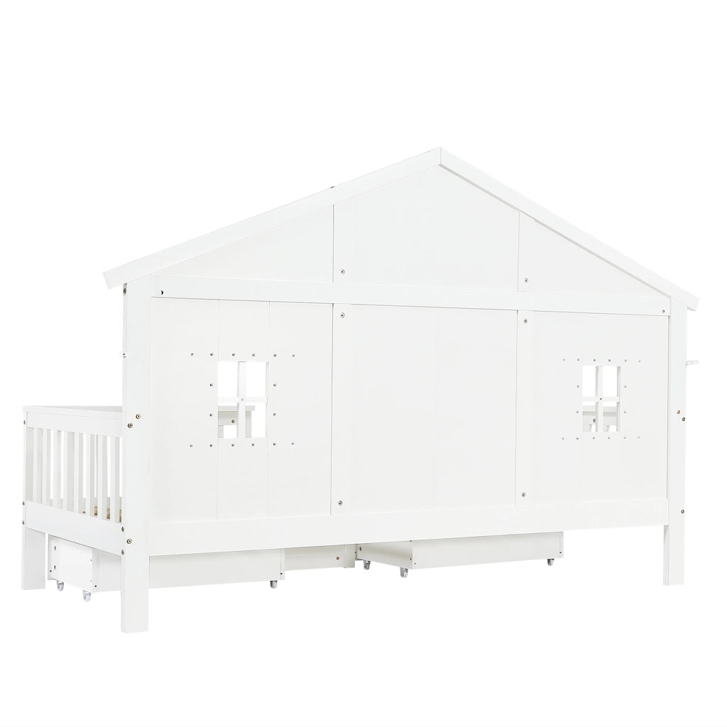 Lettino per bambini 90x200 cm, a forma di casetta, con 2 cassetti su rotelle e sponde di sicurezza, bianco