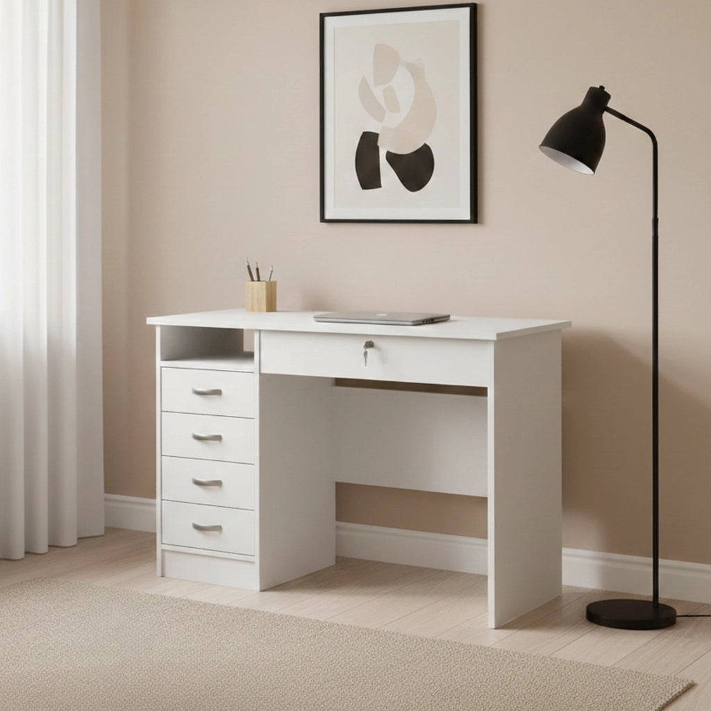 Scrivania a cinque Amor, colore bianco, Misure 109 x 75 x 48 cm