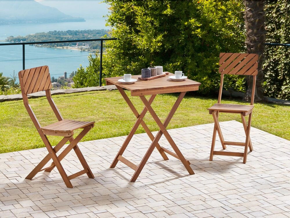 Set da bistrot 3 pezzi in legno massiccio di eucalipto chiaro 2 sedie e tavolo da tè pieghevole a doghe