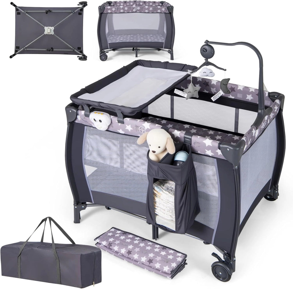 3 In 1 Lettino da Campeggio per Bambini, Lettino con Materasso Portatile per Neonati, Culla Pieghevole per Neonati con Fasciatoio, Carillon e Ruote con Freno, per Bambini 0-36 Mesi (Colorato)