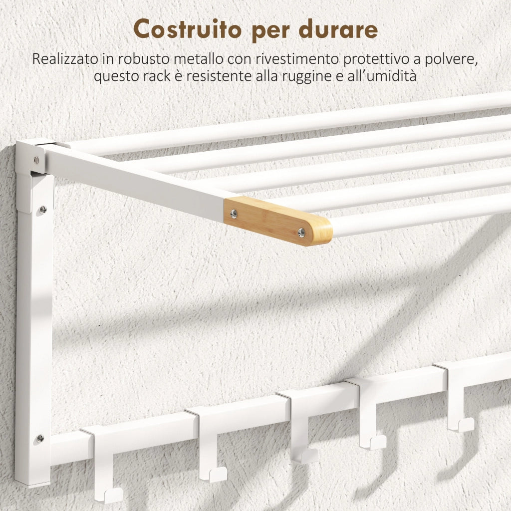 Portasciugamani a Parete Pieghevole 60x32,5x20 cm con 5 Barre e 6 Ganci in Legno e Acciaio Bianco