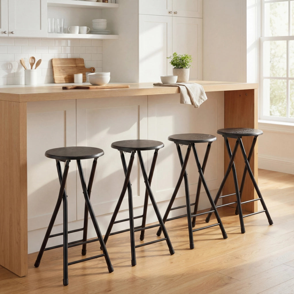 Set 4 Sgabelli Bar Pieghevoli 34x30x70 cm con Doppio Poggiapiedi in Legno e Acciaio Nero