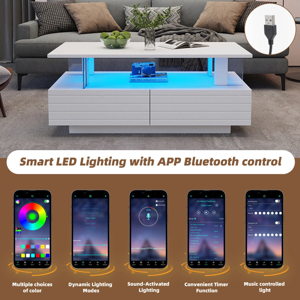 Tavolino da caffè LED con 2 cassetti e ripiano aperto; 100 x 50 x 42 cm; bianco