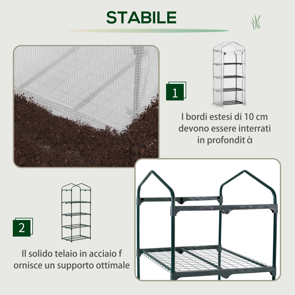 Serra per Piante Verticale con Scaffale a 4 Ripiani in Acciaio e PE Bianco, 70x50x160cm