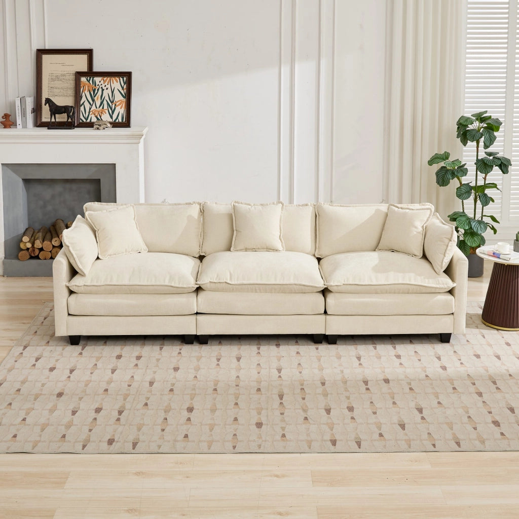 Divano 3 Posti in Tessuto Chenille ¨C MINIMAL ¨C Beige, Cuscini Imbottiti, Morbido