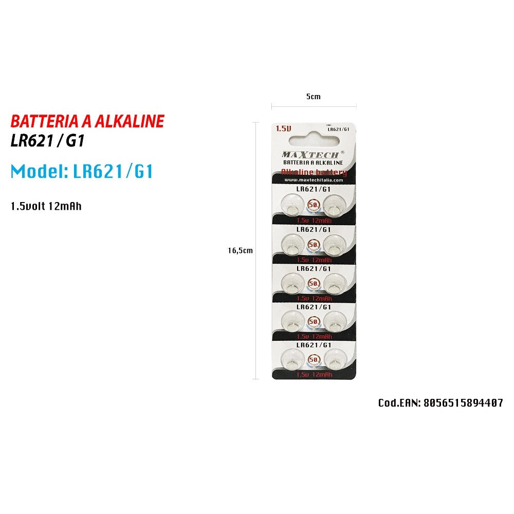 Trade Shop - Pile Alkaline Lr621/g1 1.5v 12mah Batterie Bottone Telecomandi Orologi Maxtech -