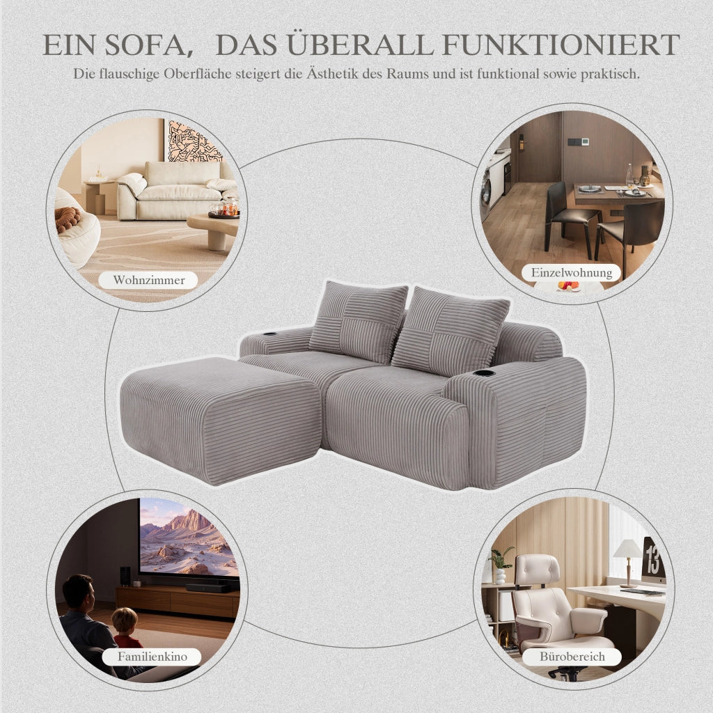 DIVANO Modulare 2 posti 200x174x80 cm in corduroy grigio chiaro