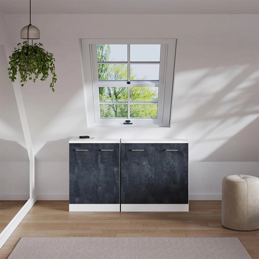 Set di mobili sottotetto Rion, Calcestruzzo nero, 140 cm Set di 2 carcasse armadio profondità 60 cm, adatto per il salvaspazio sotto tetti spioventi