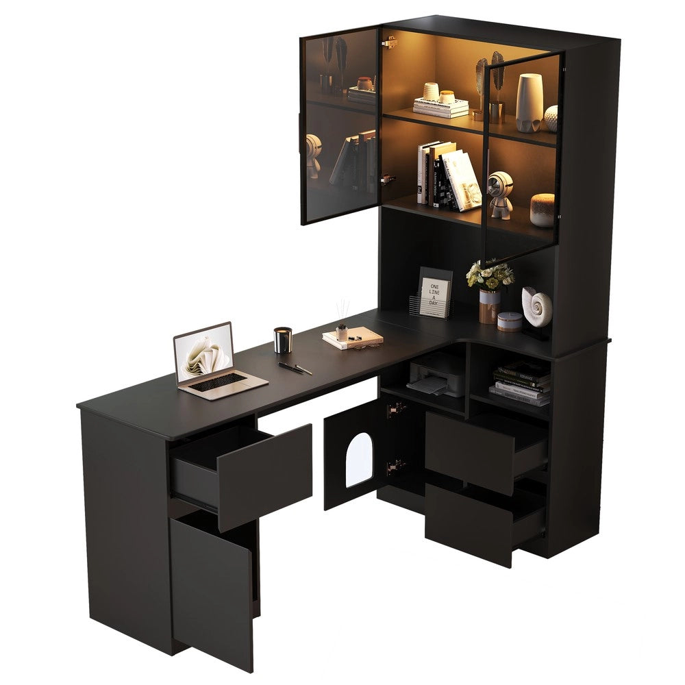 Scrivania angolare con scaffale e vetrina LED 120¡Á80¡Á180 cm - Zephmum - 3 cassetti, 2 ante, passacavi