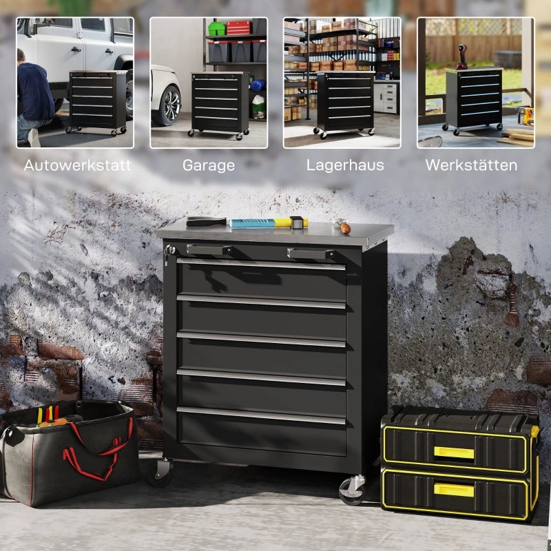 Mobile contenitore con 5 cassetti e piano in acciaio inox rinforzato con serratura centralizzata su ruote per officina e garage nero