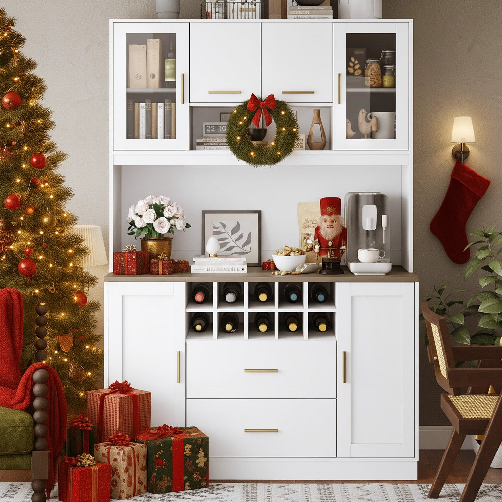 OKWISH Credenza da Cucina con 6 Ante e 2 Cassetti, Portabottiglie, LED e Prese USB, MDF, Bianco, 120×36,3×180 cm