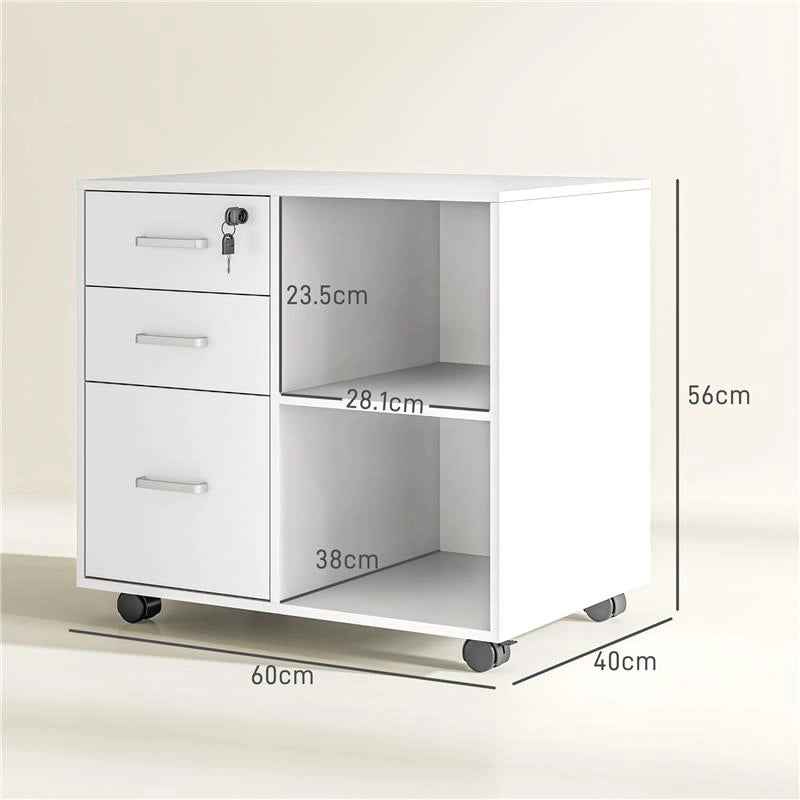 CASSETTIERA PORTADOCUMENTI DA UFFICIO CON 3 CASSETTI RUOTE SERRATURA E CHIAVI 60X40X56 CM BIANCO