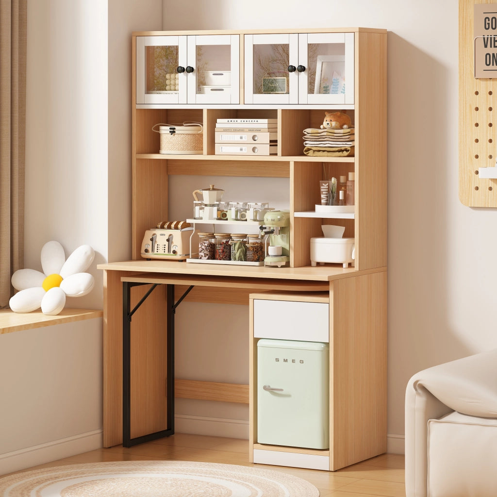 Scrivania lineare con libreria alta, ante in acrilico, cassetti e vani aperti, per studio e ufficio, 180 cm