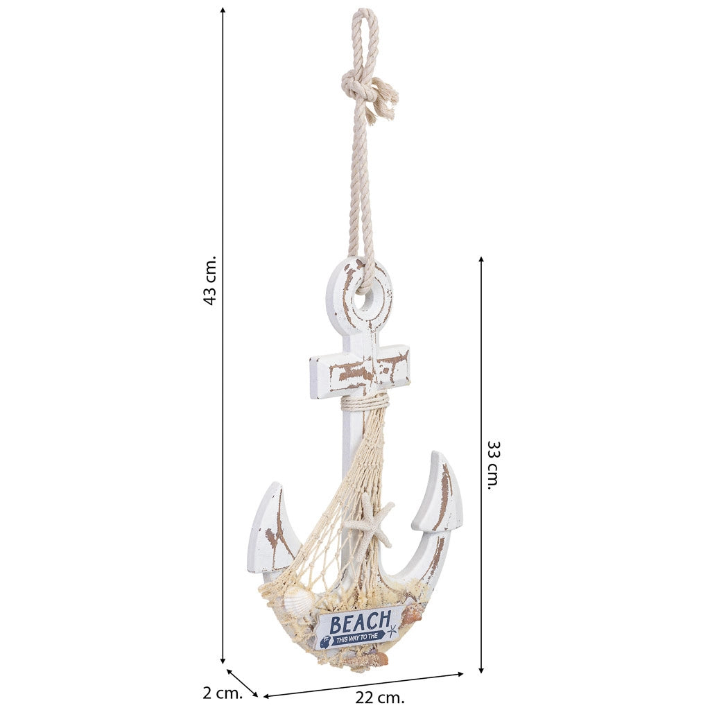Figura decorativa a forma di ancora in legno bianco 22x2x33 cm