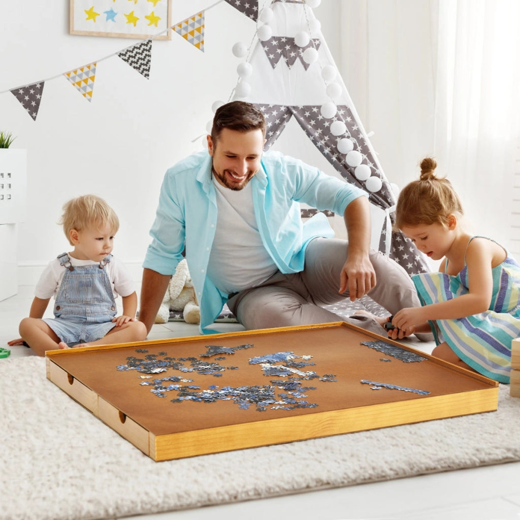 Tavolo di legno per puzzle 80 x 65 cm, Tavolo per puzzle con superficie liscia e 4 cassettii