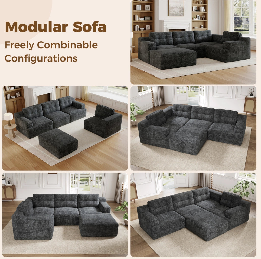 Divano modulare 5-6 posti in ciniglia grigio con pouf; 252x180x82 cm